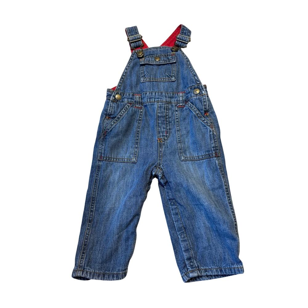 Gymboree Baby Boys Size 6-12M Denim Overalls Blue Jeans Red Lined Bib Pants